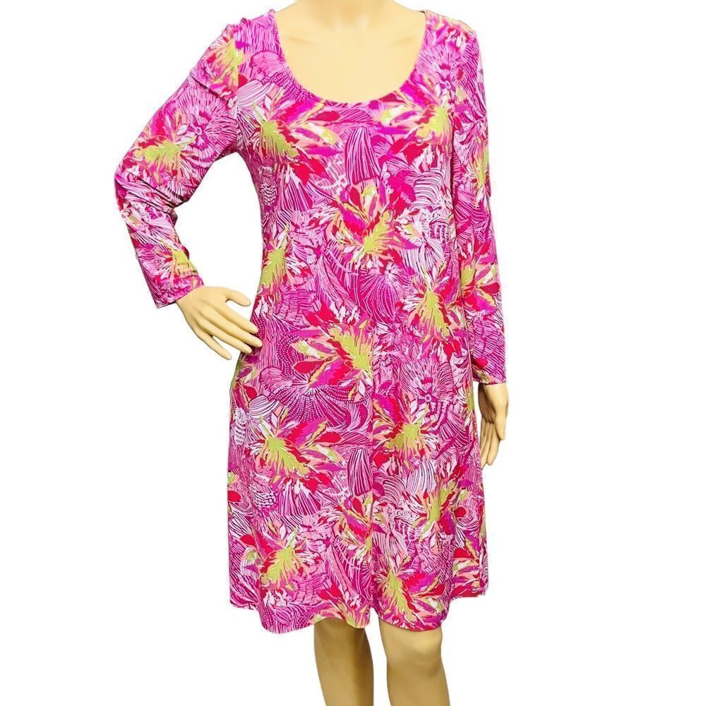 Pappagallo Pink Tropical Floral Print Long Sleeve Pullover Dress Sz M NWOT